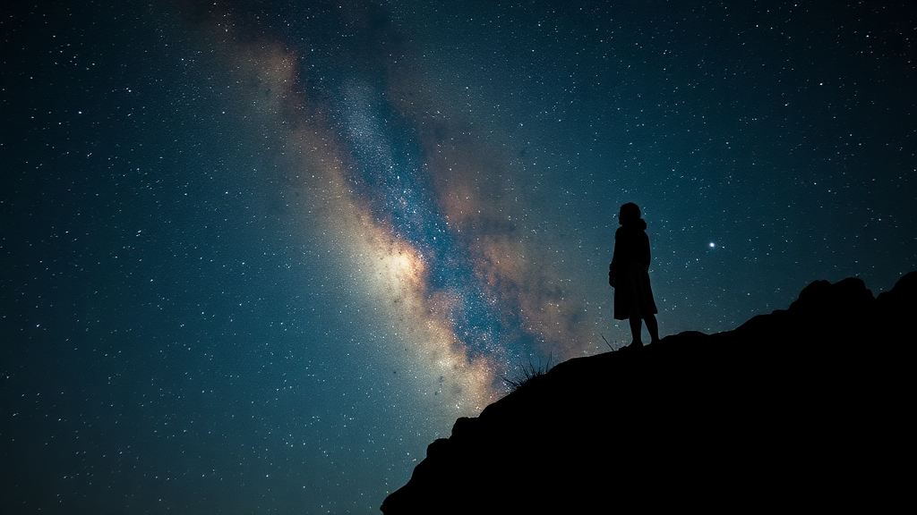 Céu noturno estrelado com uma pessoa em silhueta observando, transmitindo paz e reflexão.
